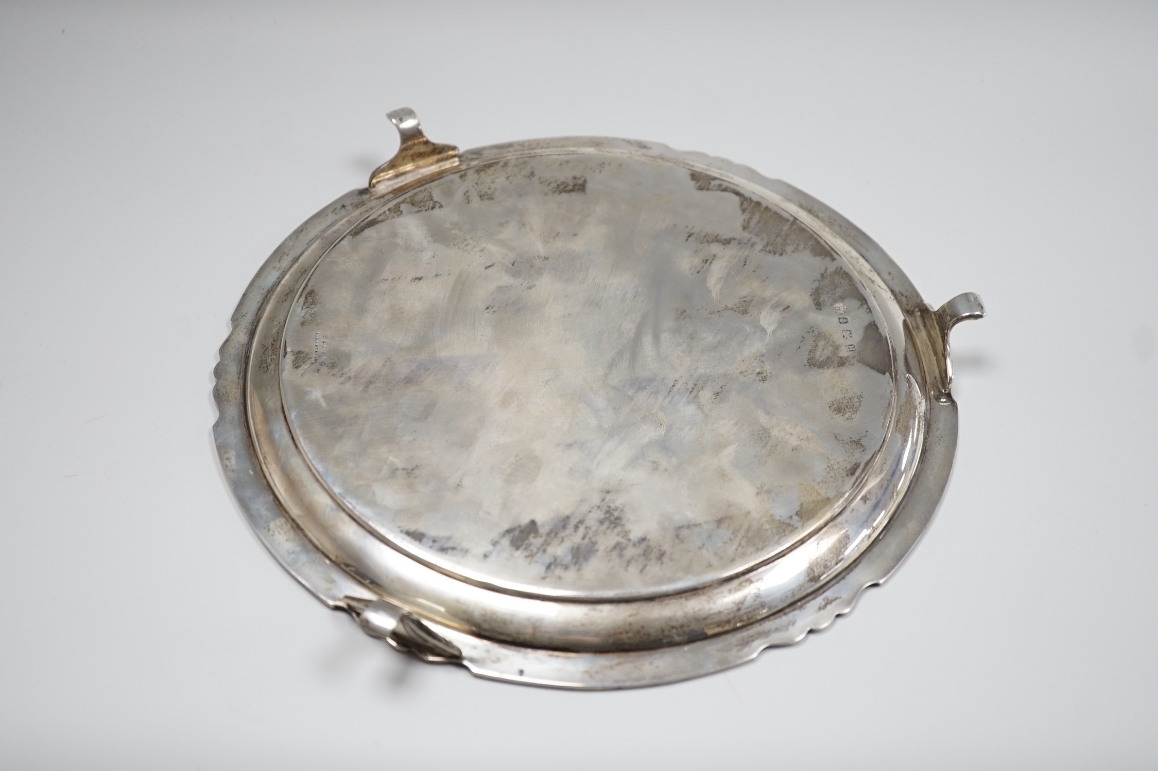 A George V silver salver, with engraved inscription, Elkington & Co, Birmingham, 1932, 26.5cm, 20 oz.